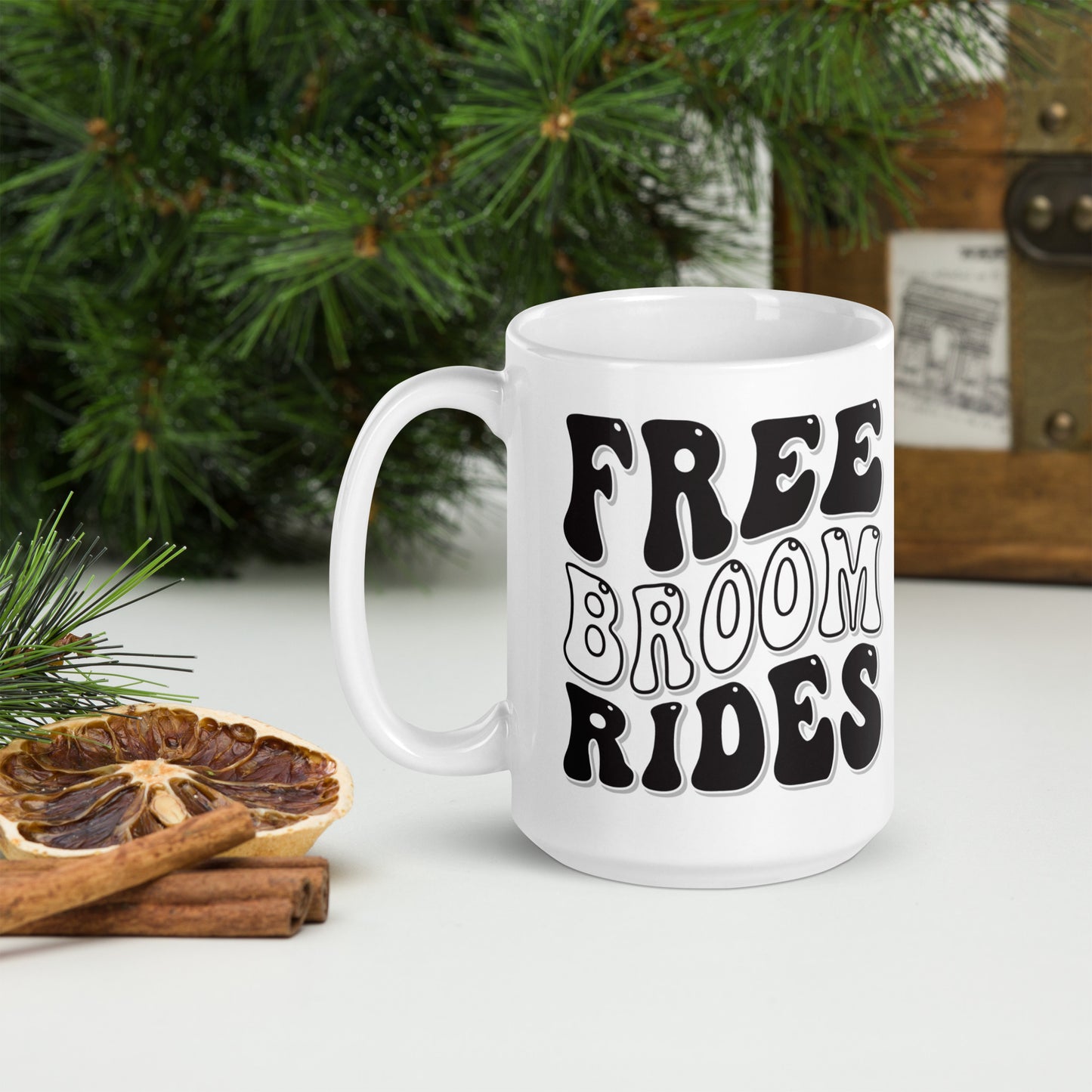 Free Broom Rides - White glossy mug