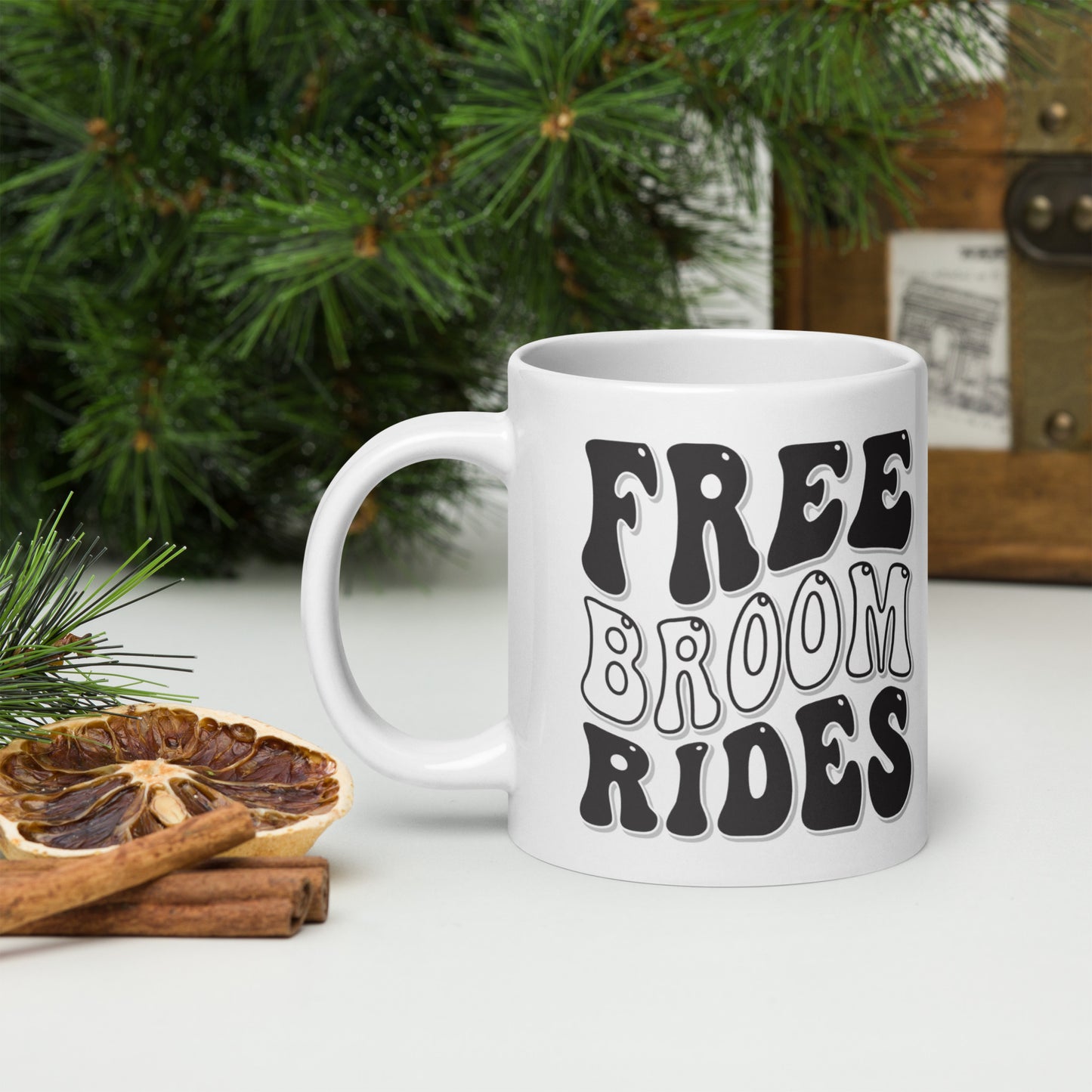 Free Broom Rides - White glossy mug